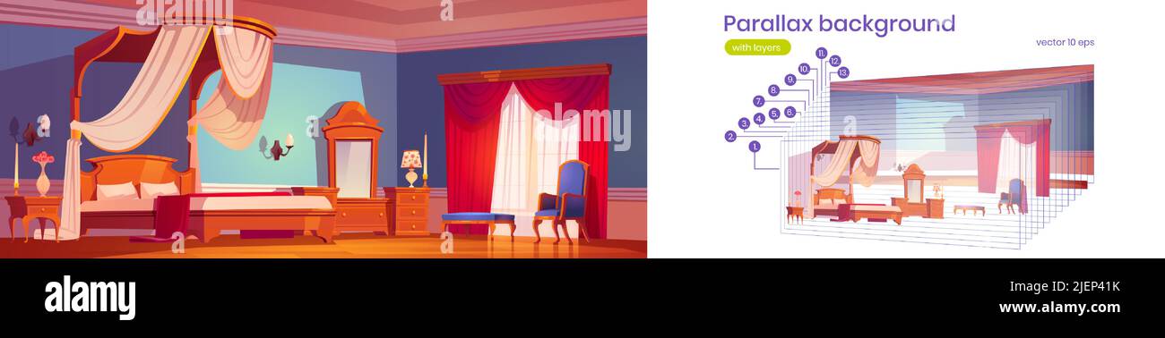 Parallax background luxury bedroom 2d interior. Light room with vintage furniture, bed with canopy, lamp, mirror, night stand and armchair at wide window separated layers, Cartoon vector illustration Stock Vector