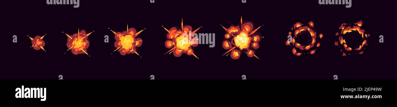 Animation sprite sheet of bomb explosion sequence. Vector 2d cartoon set of blast effect from dynamite or rocket hit, burst with fire isolated on black background Stock Vector