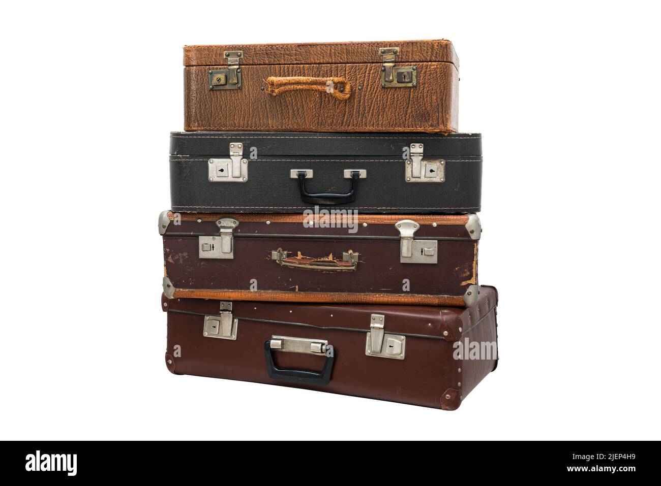Stack of old leather vintage suitcases isolated on white Stock Photo