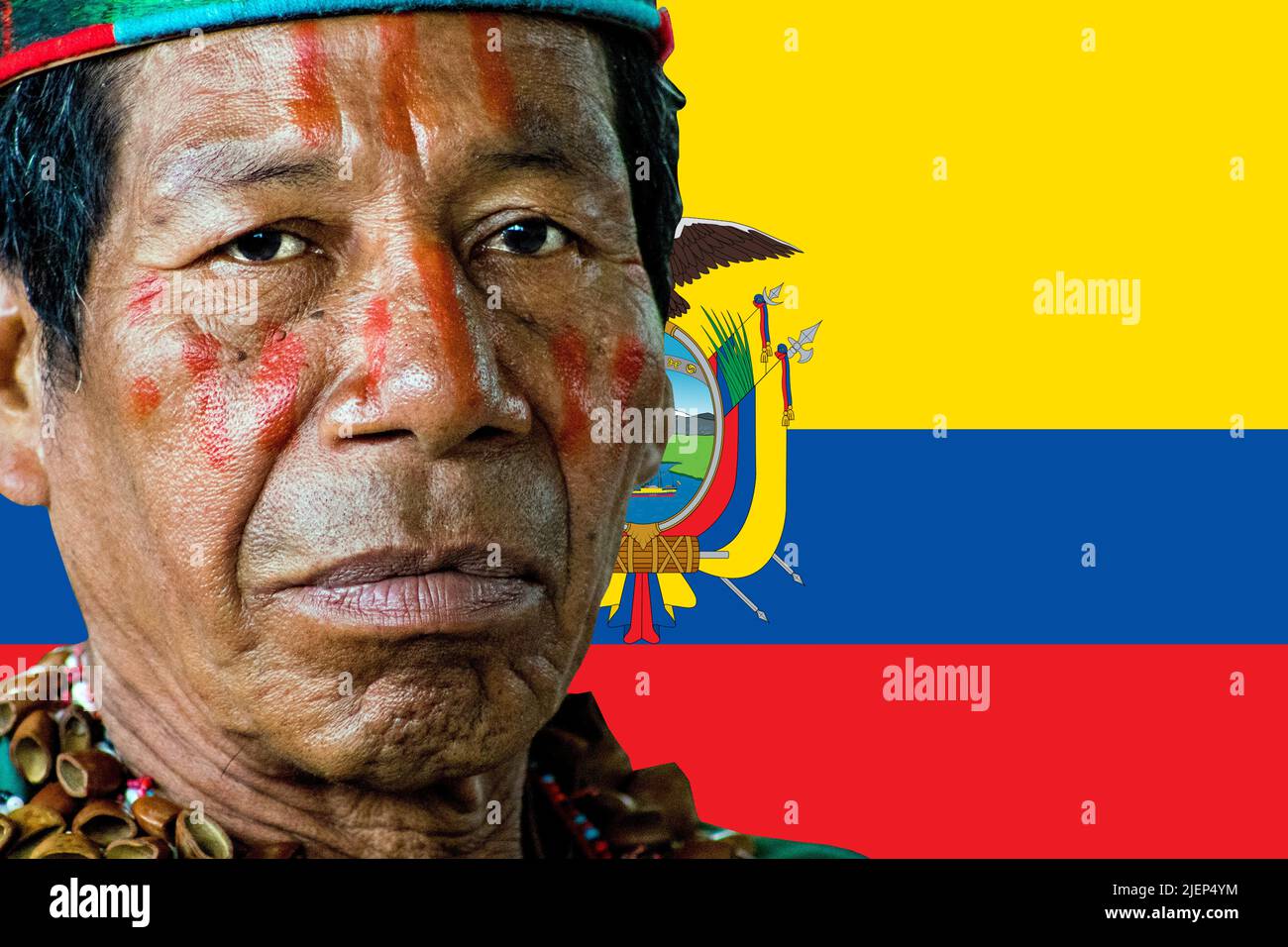 Indigenous man and flag of Ecuador Stock Photo