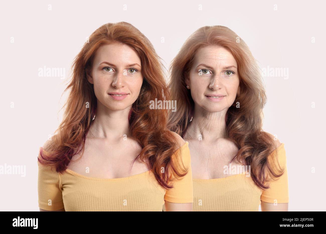 Portrait beautiful young and redhead woman on background. Process of aging Stock Photo - Alamy