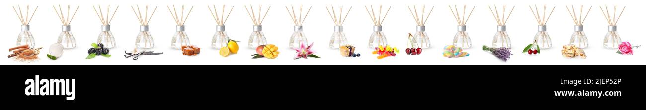 Many different reed diffusers on white background Stock Photo