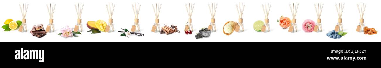 Many different reed diffusers on white background Stock Photo