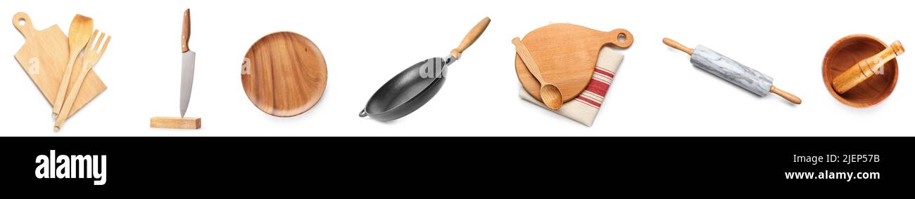 Set of new kitchen utensils on white background Stock Photo - Alamy