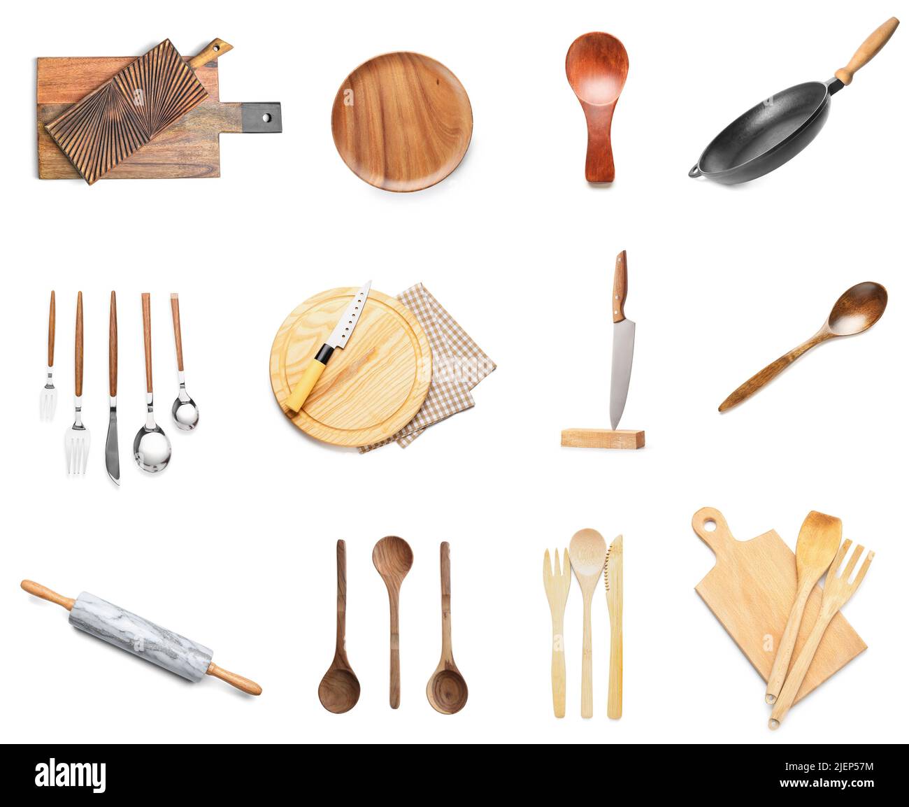 Set of new kitchen utensils on white background Stock Photo - Alamy