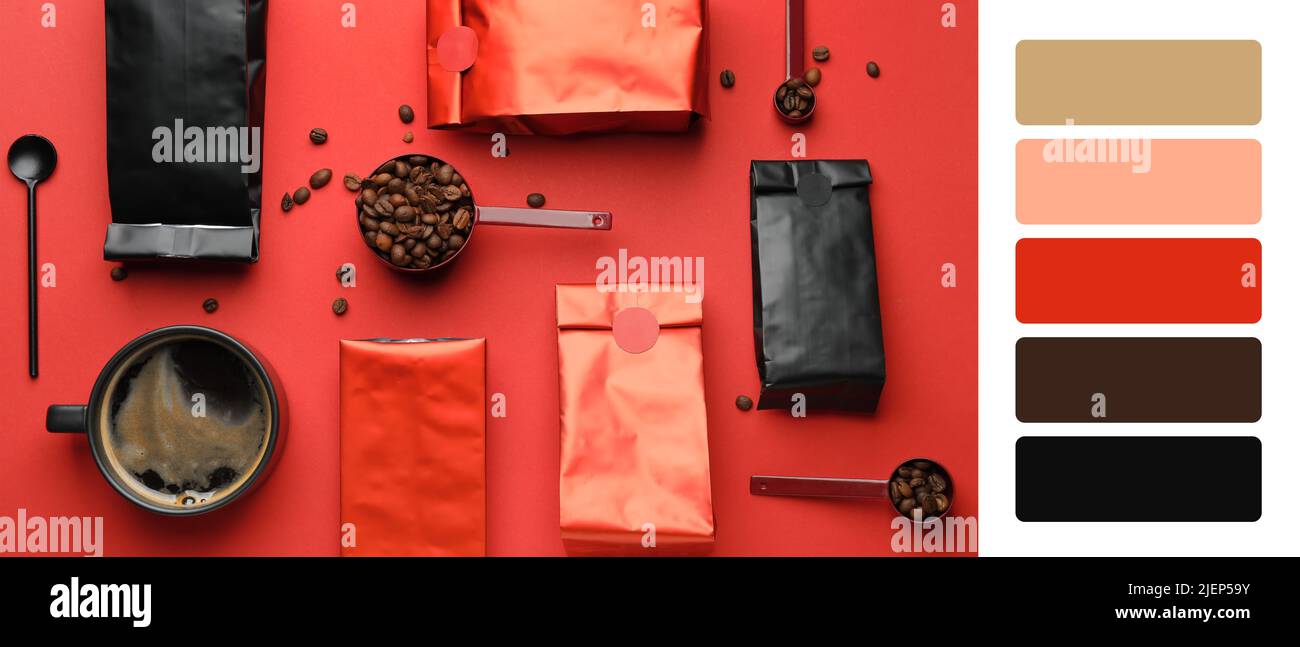 Composition with aromatic coffee on red background. Different color ...