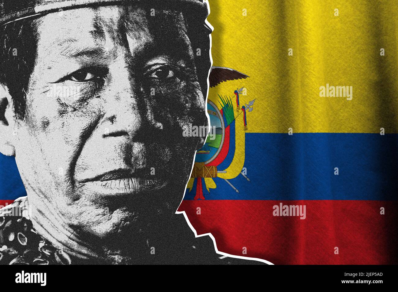 Indigenous man and flag of Ecuador Stock Photo