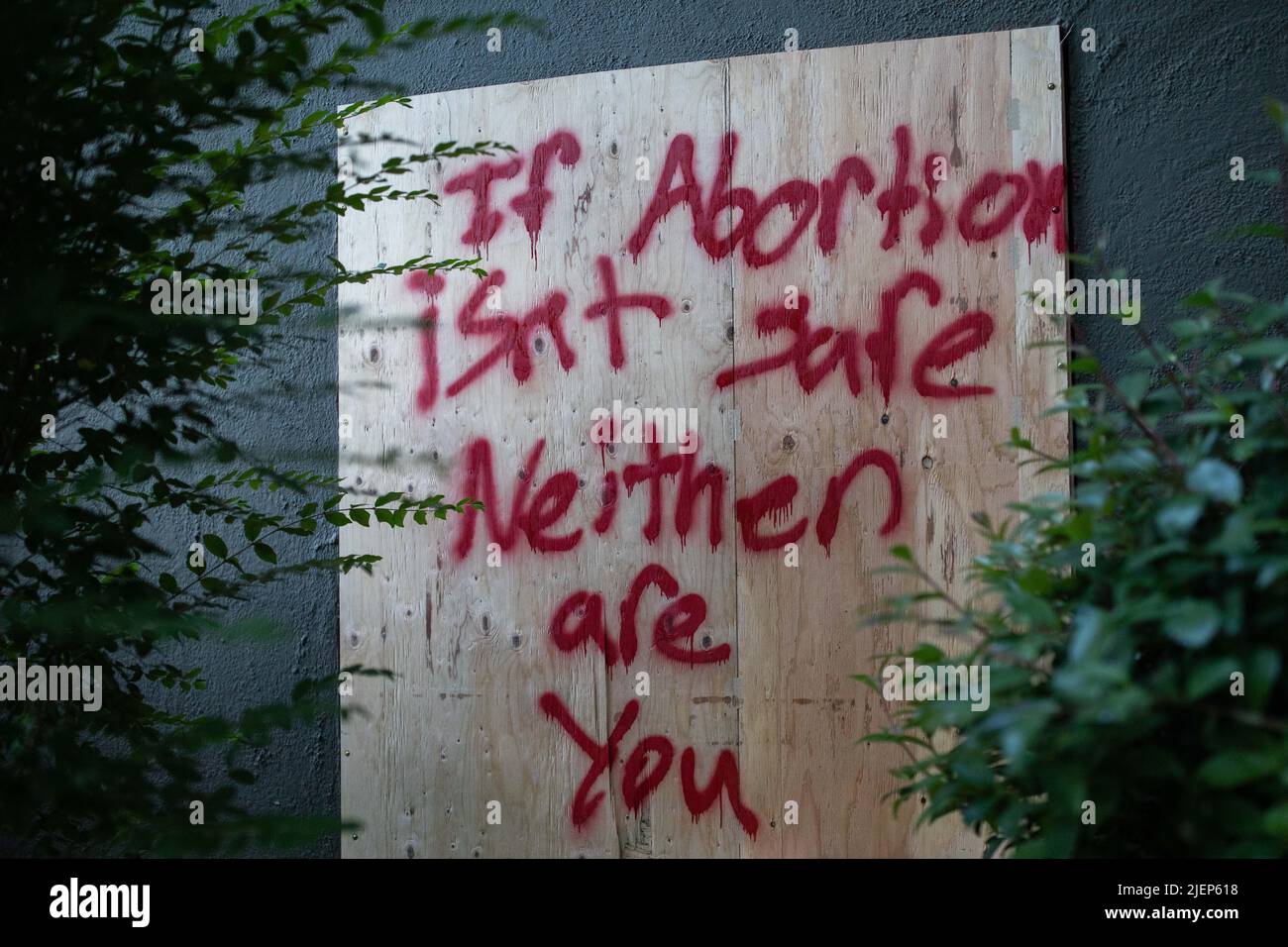 About 75 people marched and chanted against First Image,  a “Crisis Pregnancy Center” in Portland, Oregon on June 27, 2022, sprayed graffiti, and broke a few windows. First Image, part of a nationwide group of Christian pregnancy centers, does anti-abortion counseling only.   (Photo by John Rudoff/Sipa USA) Stock Photo