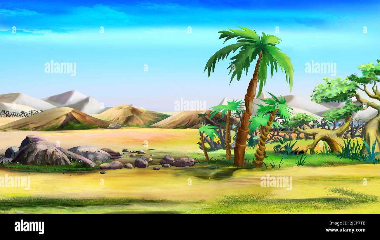 Tropical landscape with palm tree. Digital Painting Background ...