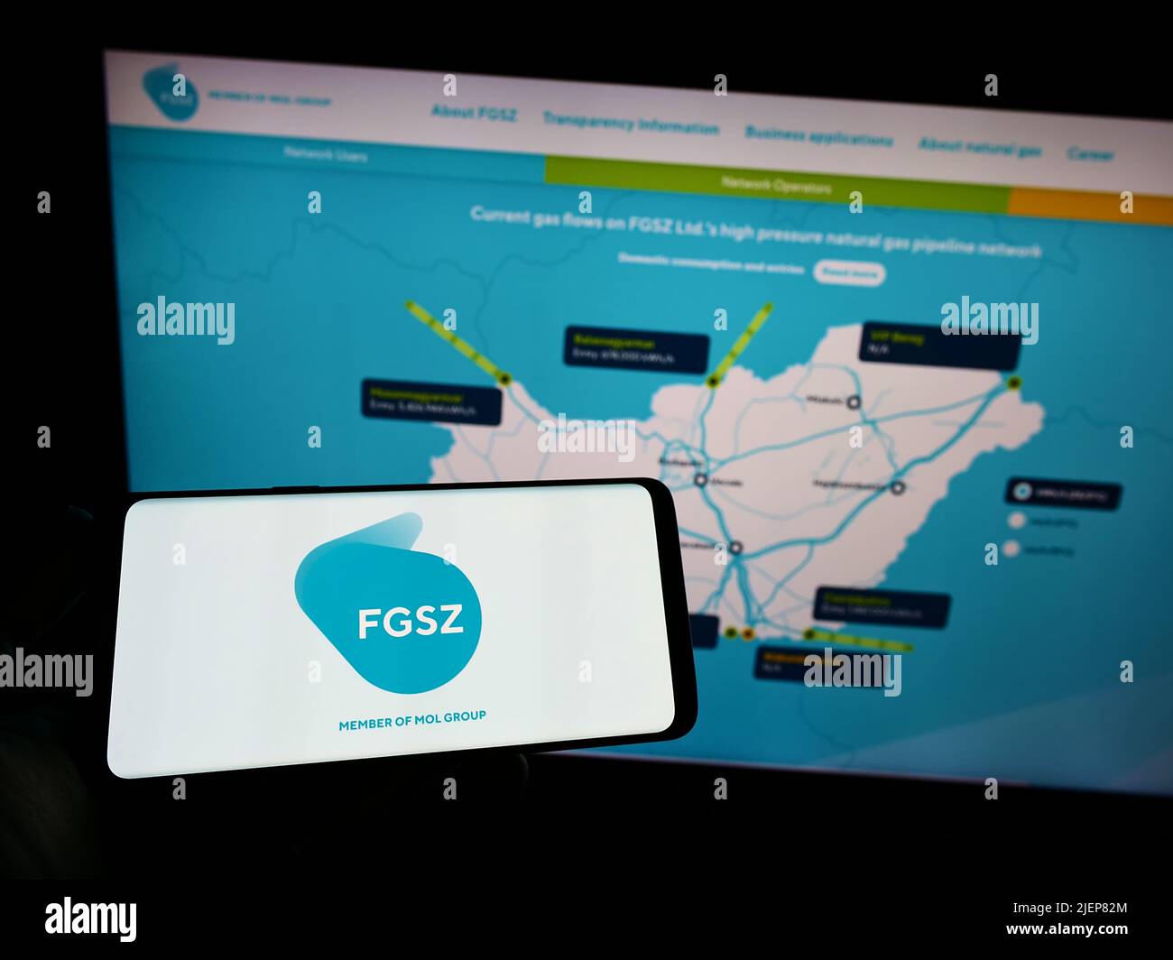 Person holding smartphone with logo of Hungarian gas transmission company FGSZ Ltd. on screen in front of website. Focus on phone display. Stock Photo