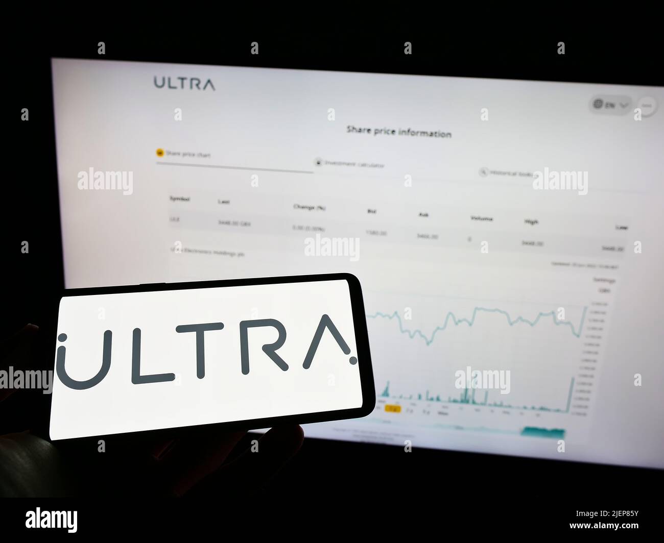 Person holding cellphone with logo of British company Ultra Electronics Holdings plc on screen in front of webpage. Focus on phone display. Stock Photo