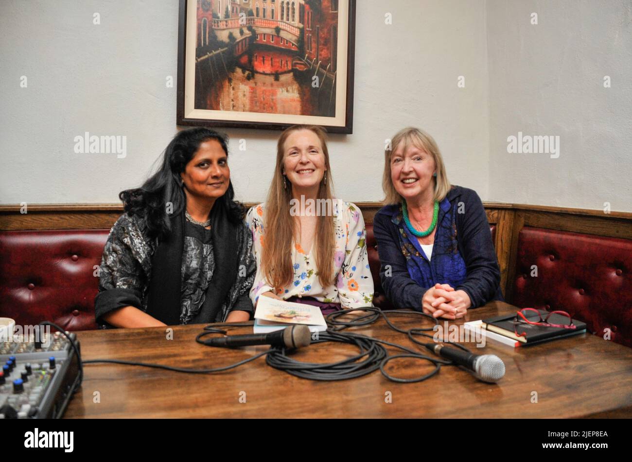 Bantry, West Cork, Ireland. 26th June, 2022. The West Cork Chamber Music Festival is back in Bantry live for the first time since the pandemic and is in full swing till the 3rd of July. Pictured below From left, Priyamvada Natarajan, and Deirdre Gribbin in conversation with Evelyn Grant at the Morning Talks, which are part of the West Cork Chamber Music Festival. Credit: Karlis Dzjamko/ Alamy Live News Stock Photo