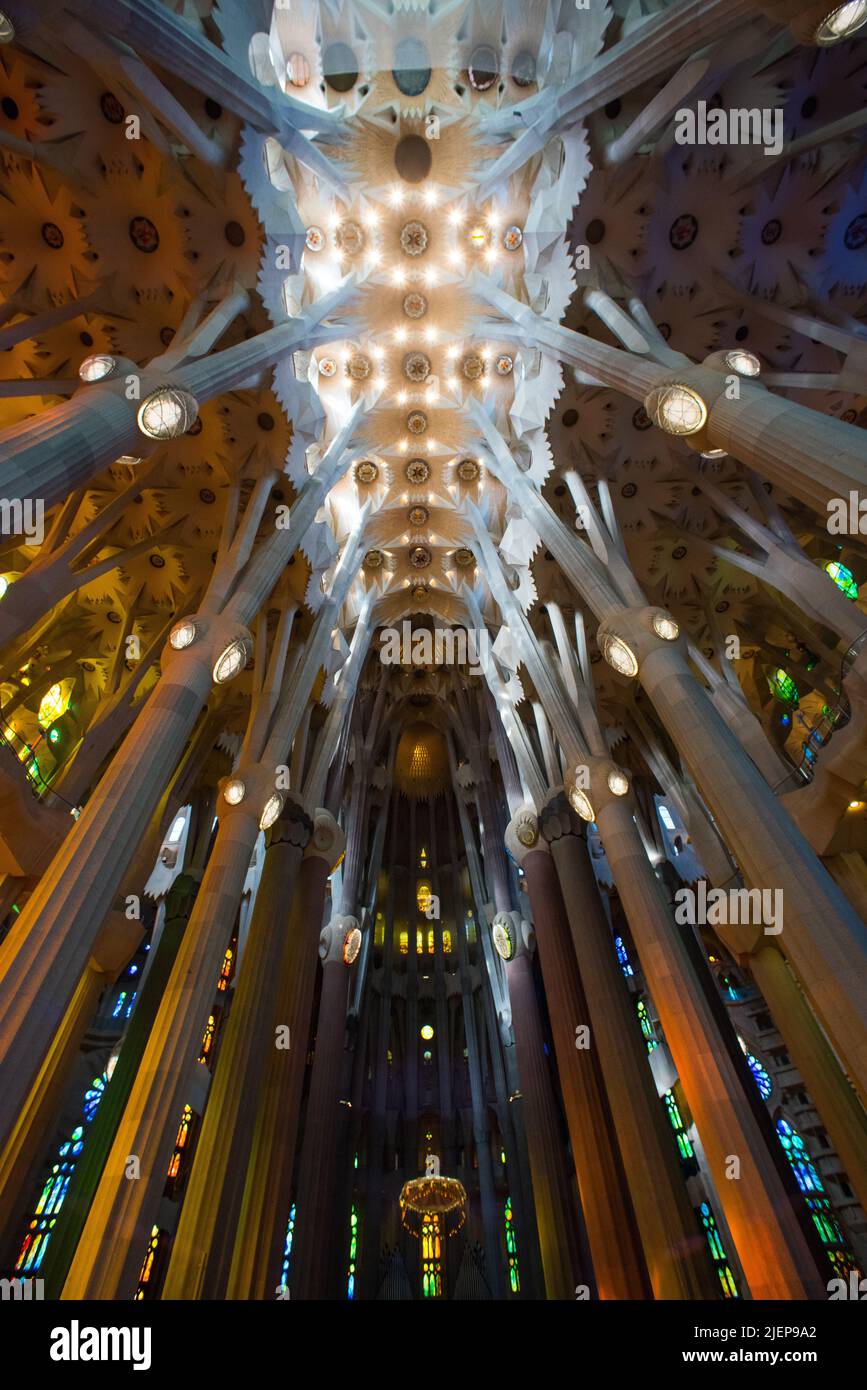 Spain Barcelona Antoni Gaudi Architect Sagrada Familia facade post modernisme architecture interior fish eye Stock Photo