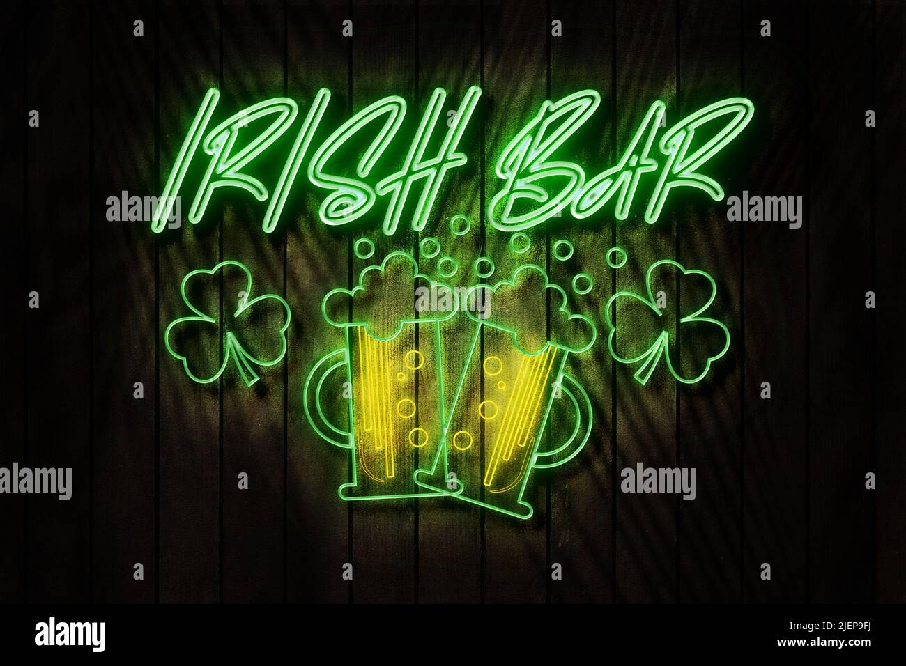 Irish Bar neon sign on a Dark Wooden Wall 3D illustration. Stock Photo
