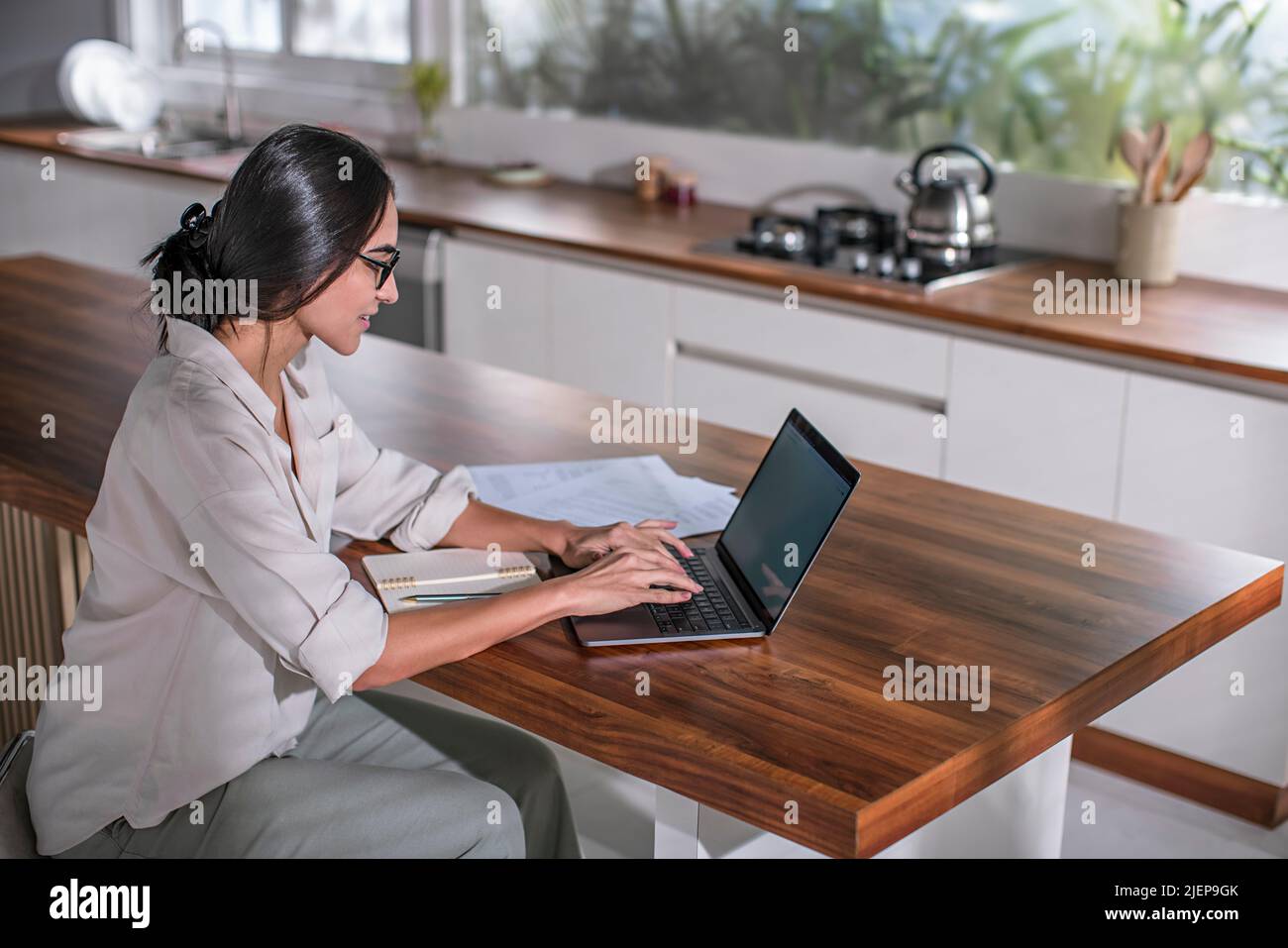 Young woman working on the laptop at home Stock Photo