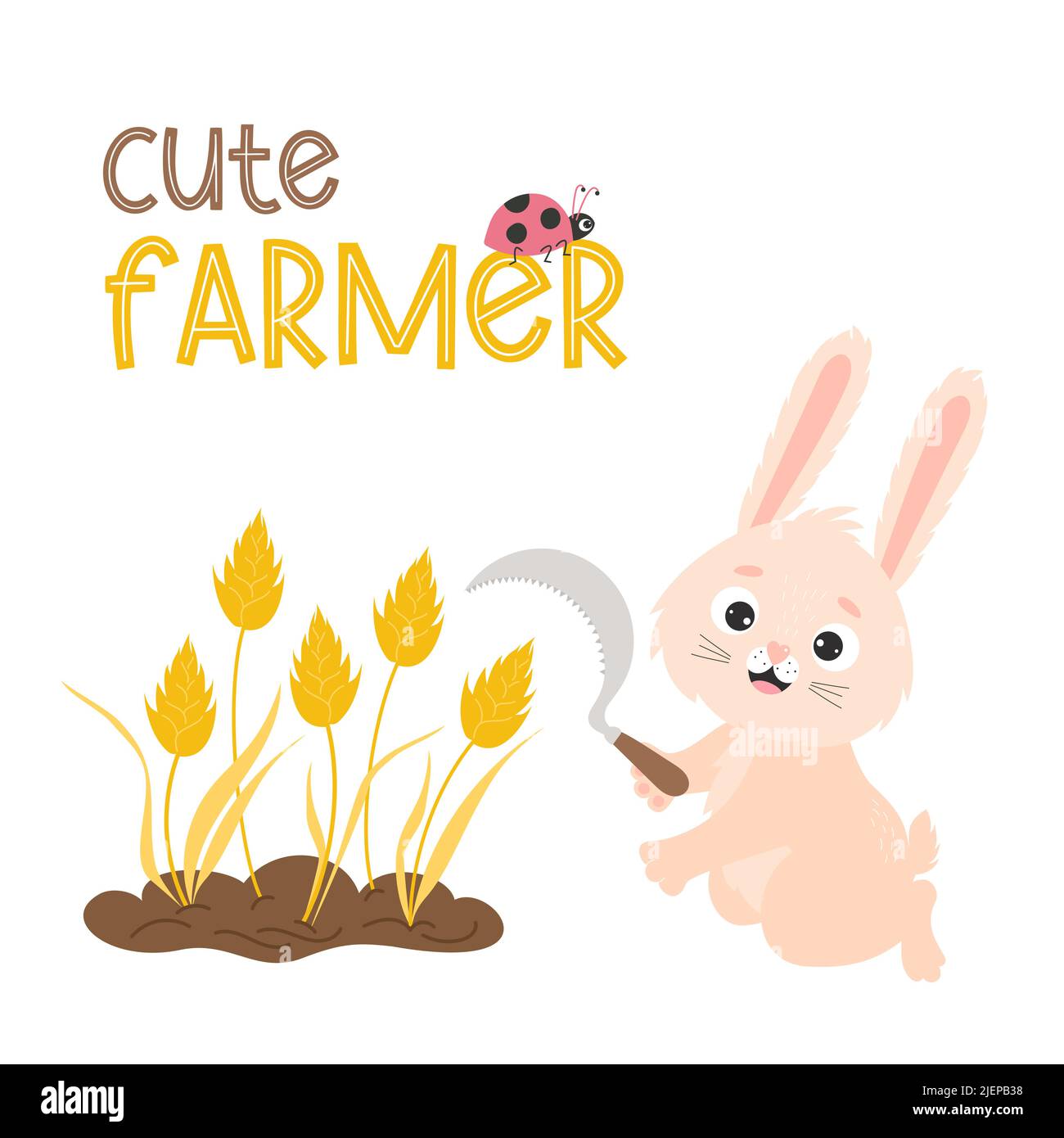 Cute rabbit farmer with sickle and reaps spikelets of wheat. Grain harvest. Vector illustration. For postcards, print, designs and decoration themes o Stock Vector
