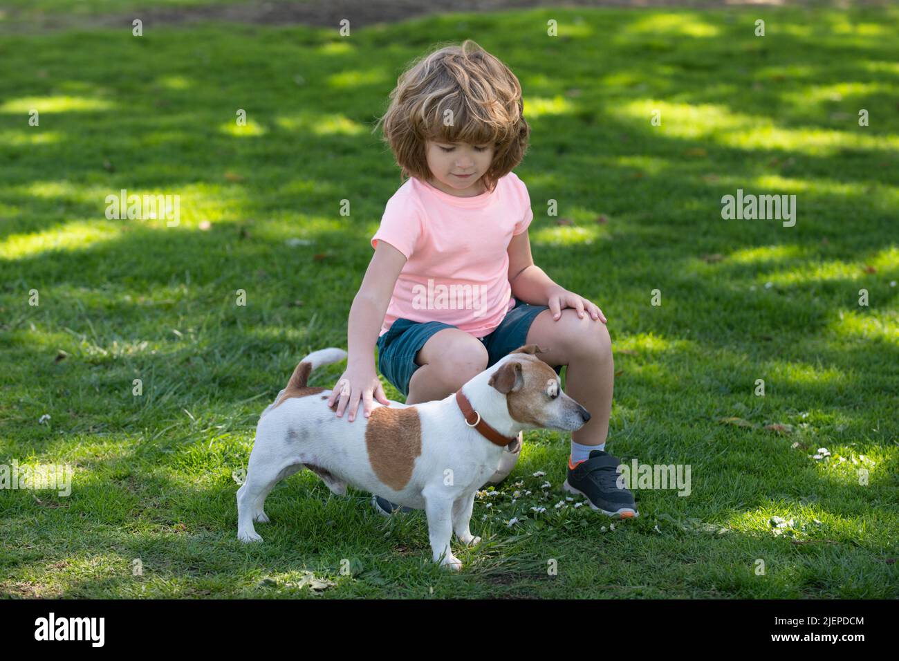 Happy child and dog hugs her with tenderness smiling. Cute boy child