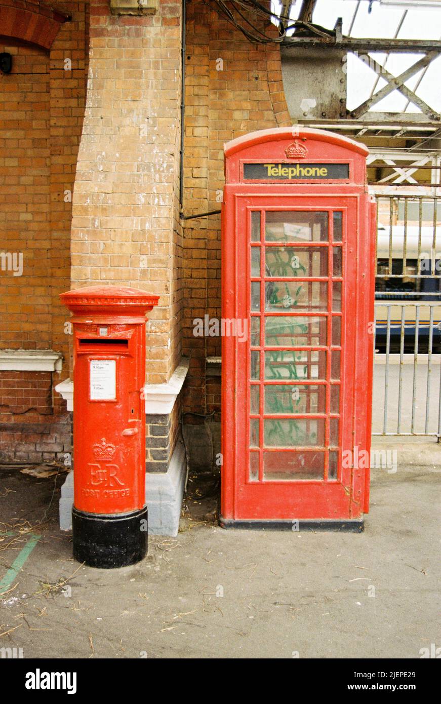 Red post box and call box Bournemouth train station, Dorset, England