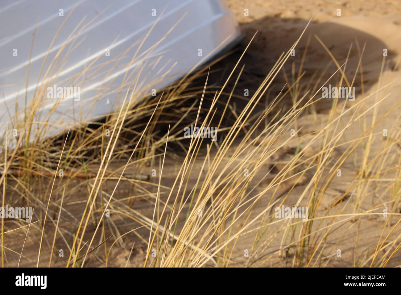 A white boat lays upside-down behind dry reeds. Dry grass and a blurred fisherman's boat in the background. Stock Photo