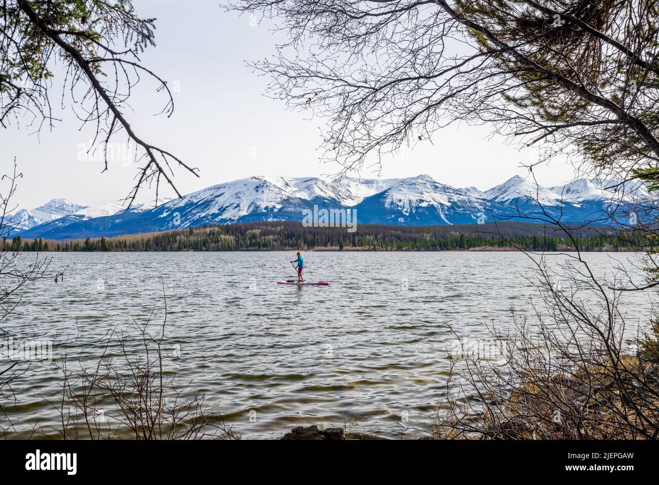 Tourists enjoying leisure activity in Pyramid Lake. Jasper National Park mountain range in background. Canadian Rockies nature scenery. Stock Photo