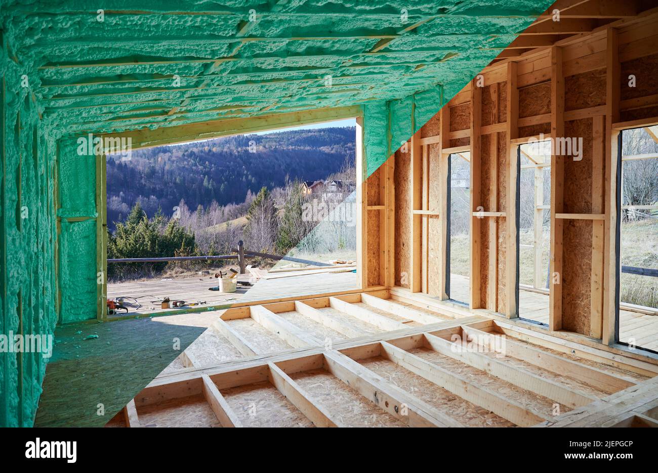 Photo collage before and after thermal insulation room in wooden frame ...