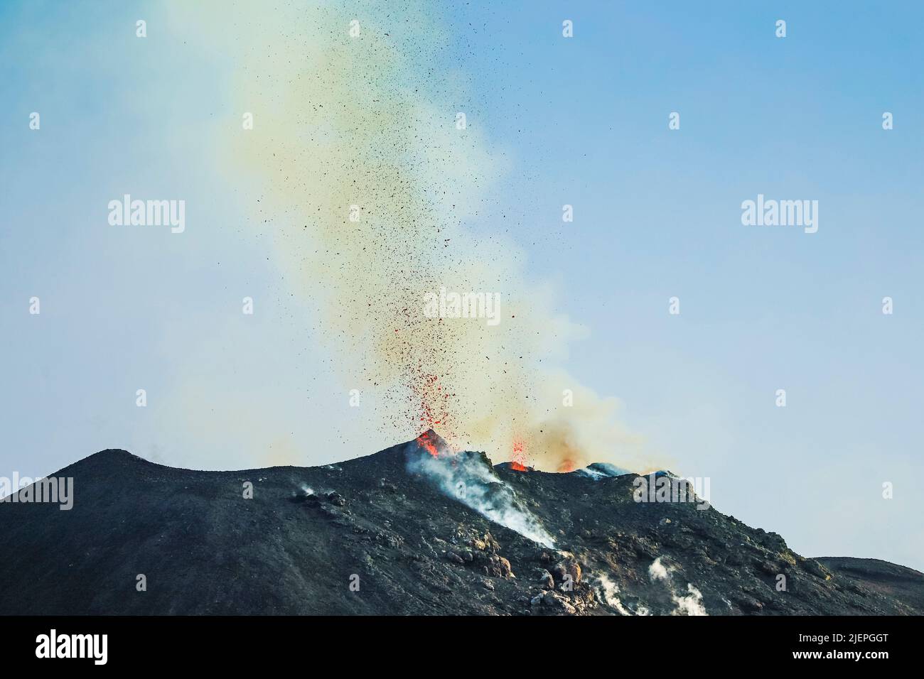 Lava bombs erupt from multiple vents at this volcano. This explosive