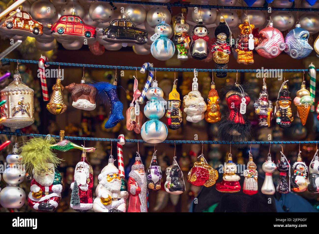 Christmas tree ornaments on display at Christmas market in Hyde Park Winter Wonderland in London Stock Photo