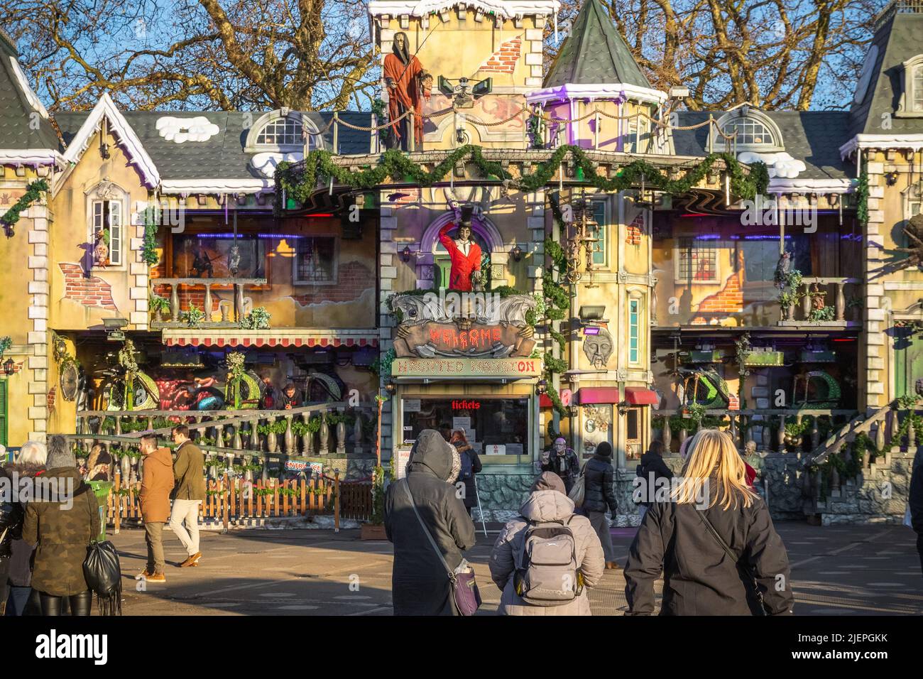 London, UK - 2 December, 2021 - The haunted mansion, a dark ride attraction in Christmas funfair Hyde Park Winter Wonderland Stock Photo