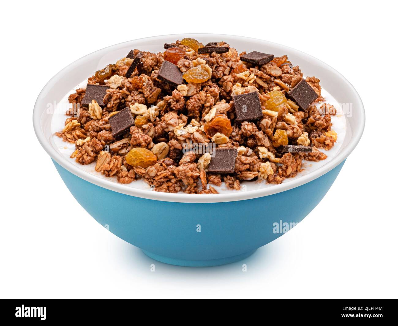 Chocolate granola with milk isolated on white background Stock Photo