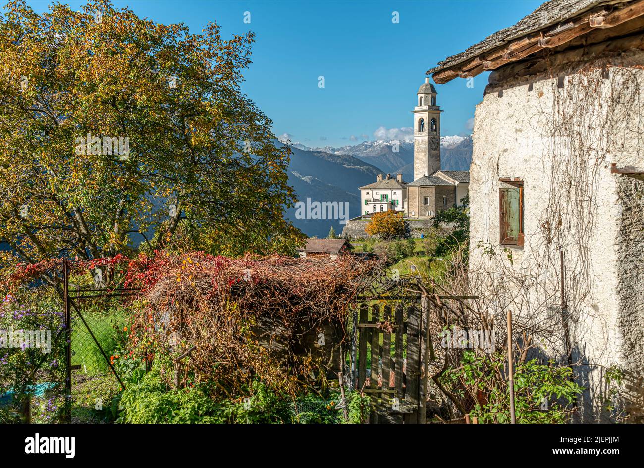 Traditional farmhouses in the village of Soglio in Bergell, Graubuenden, Switzerland Stock Photo