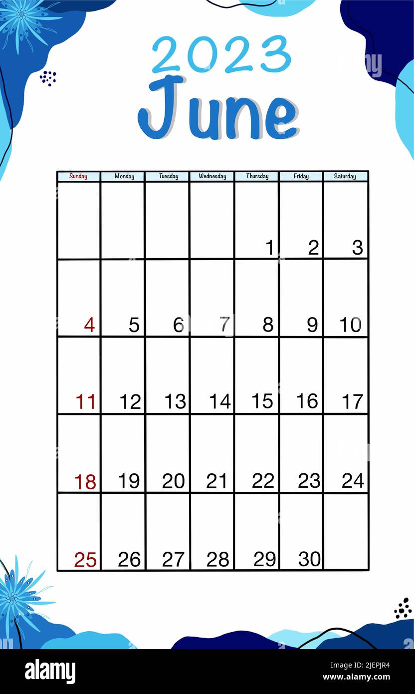 The June planner calendar 2023 year. English vector vertical calendar
