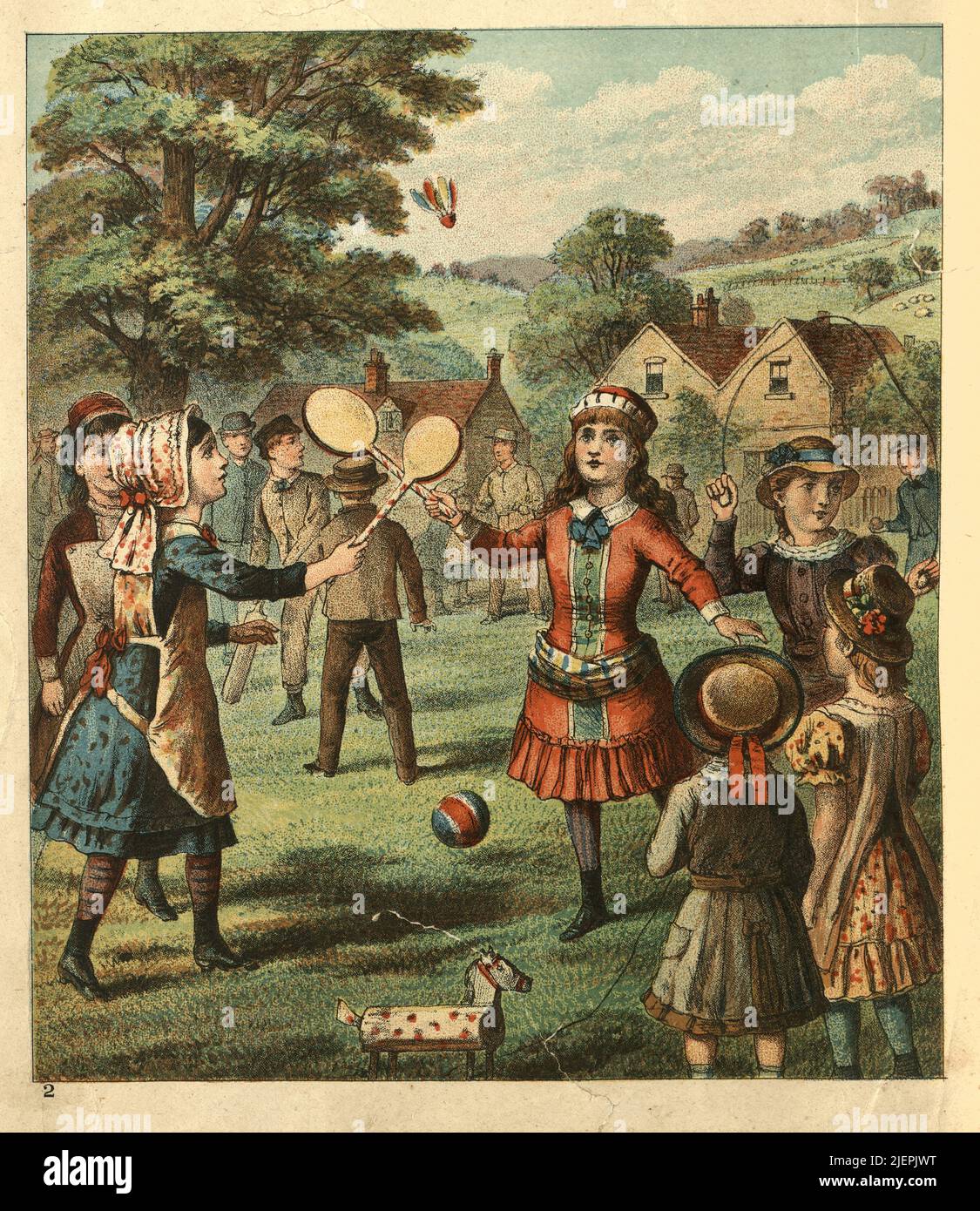 Victorian children playing games outdoors, badmintion, skipping, 19th Century Stock Photo
