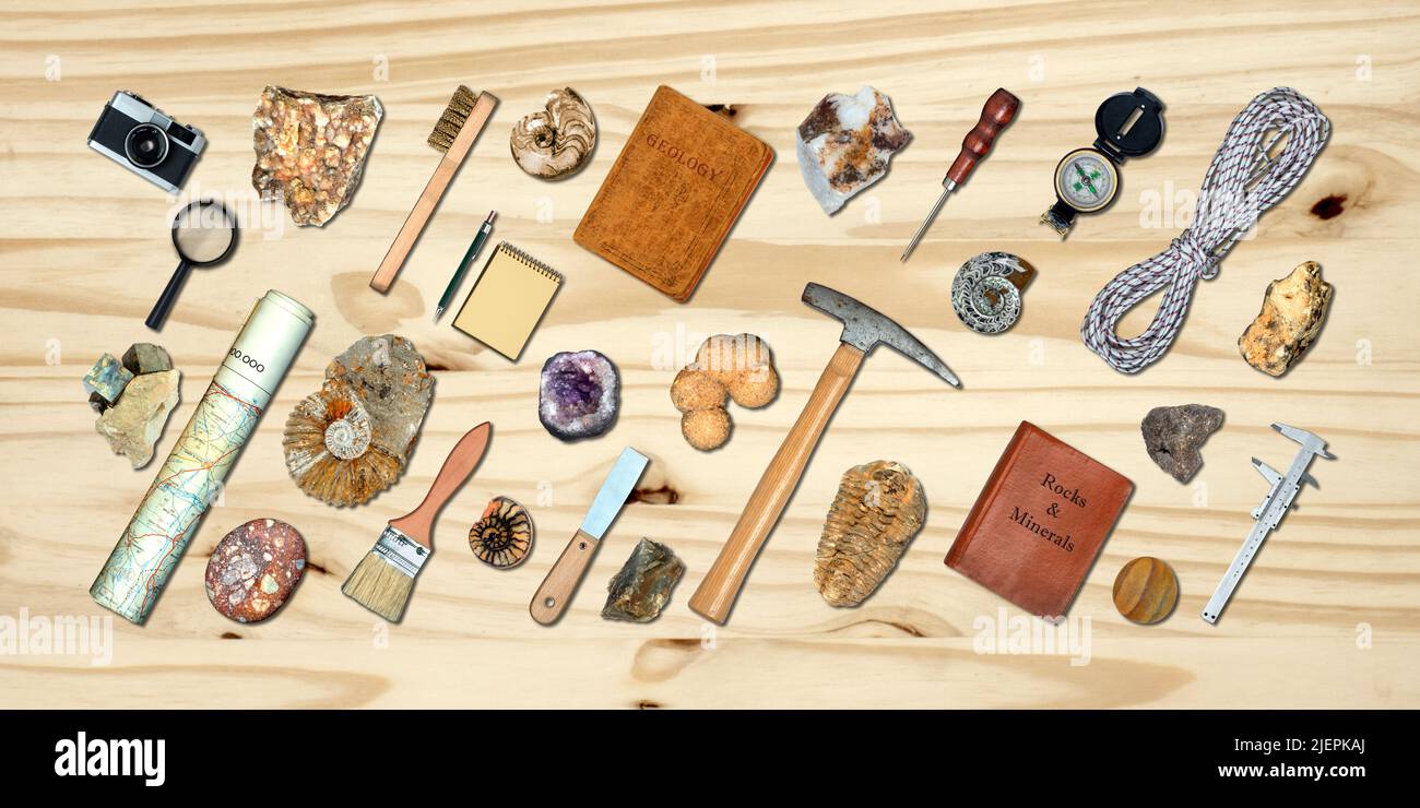 Topview of Set Fieldwork Geology Tools on Table Background Stock Photo