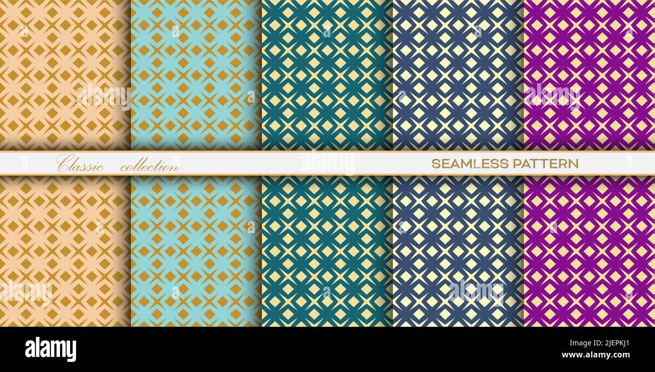 set of classic seamless decorative patterns with a golden openwork grid ...
