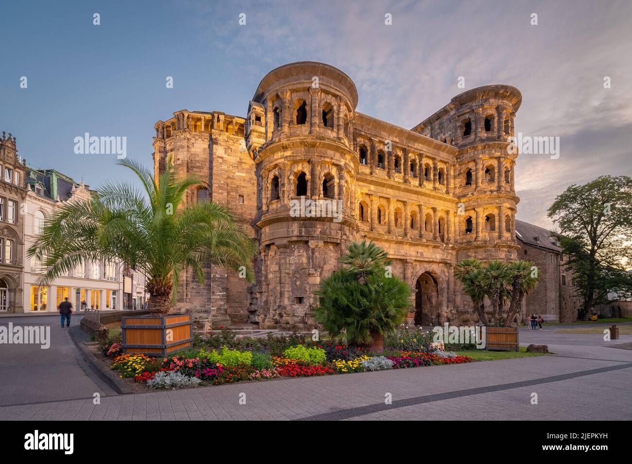 View of the Porta Nigra,at sunset,  a Roman City Gate built after 170 AD and located in Trier, Germany Stock Photo