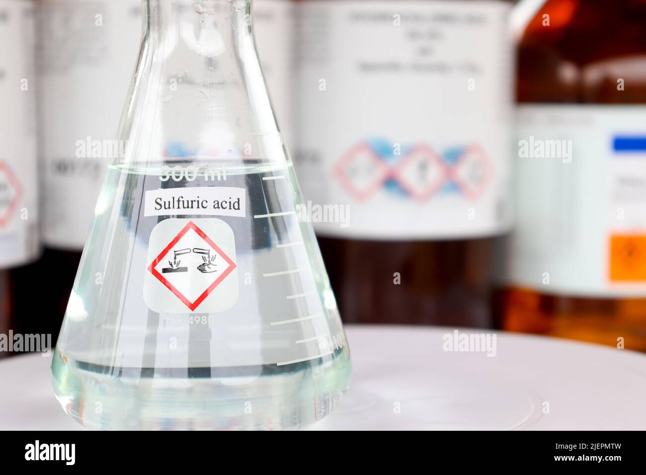 sulfuric acid in glass, chemical in the laboratory and industry Stock Photo