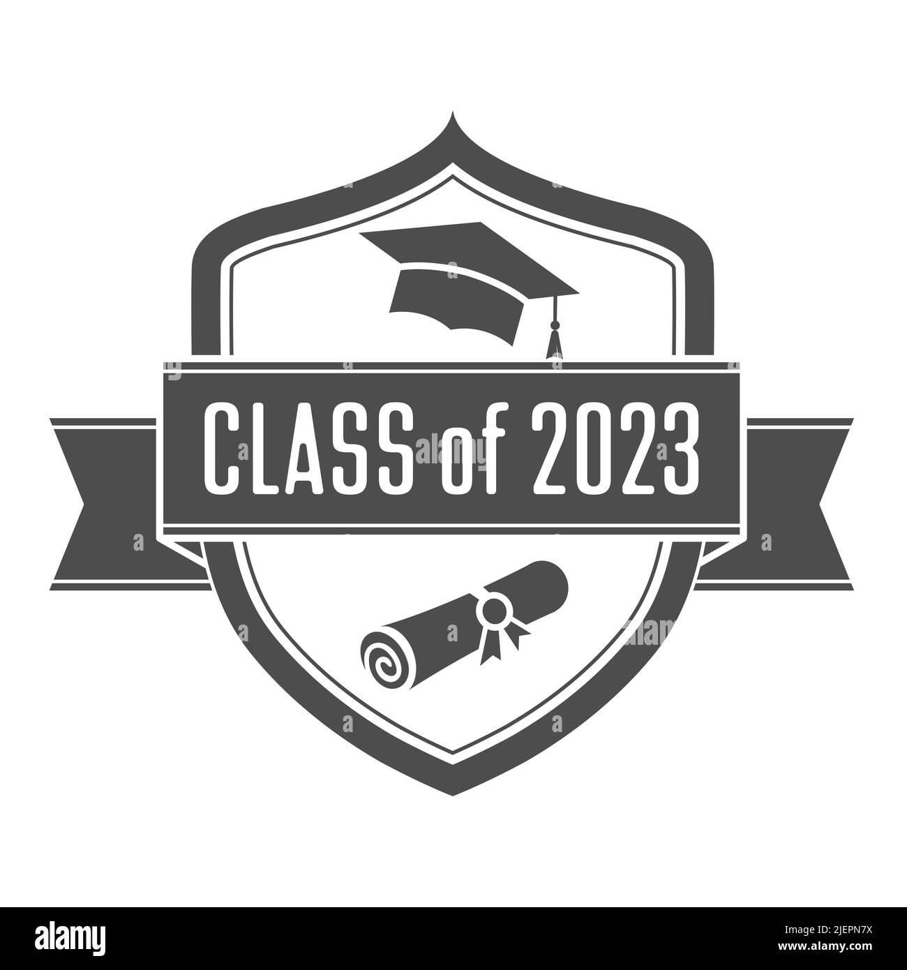 Class of 2023. The graduate's emblem with a cap and a scroll. Vector illustration for diploma, certificate, thematic and creative design Stock Vector