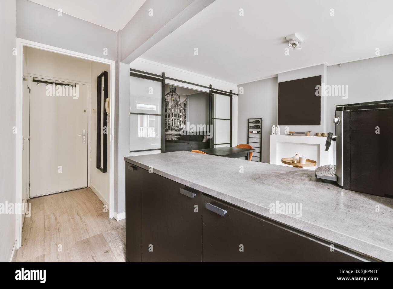 Studio apartment with white walls and open plan kitchen and dining zone