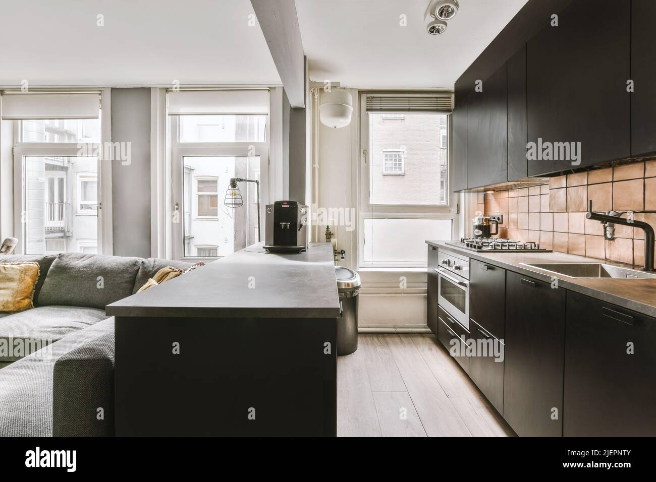 Photo inspiration: Resistant Wall Finishes For Open Plan Apartments Reference: Studio Apartment With White Walls And Open Plan Kitchen And