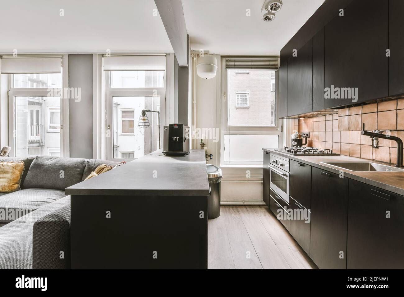 Studio apartment with white walls and open plan kitchen and dining zone