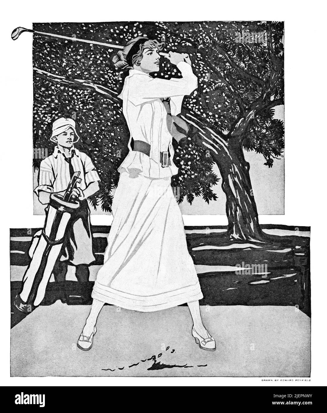 An early 20th century illustration by Edward Penfield (1866-1925) on the cover of Collier's, an American general interest magazine featuring a lady golfer and watching caddie. Stock Photo