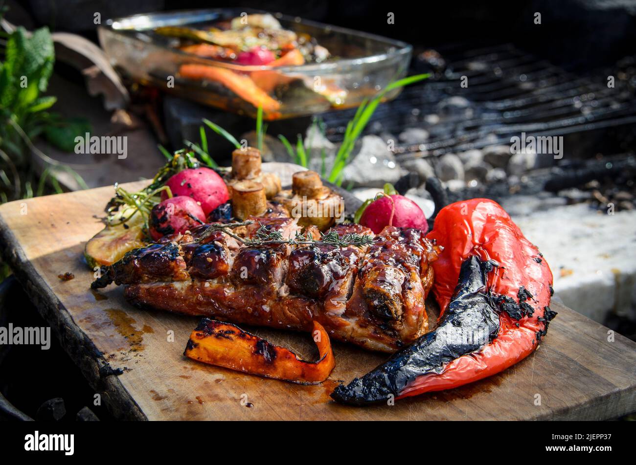 Grilled pork ribs and grilled vegetables Stock Photo