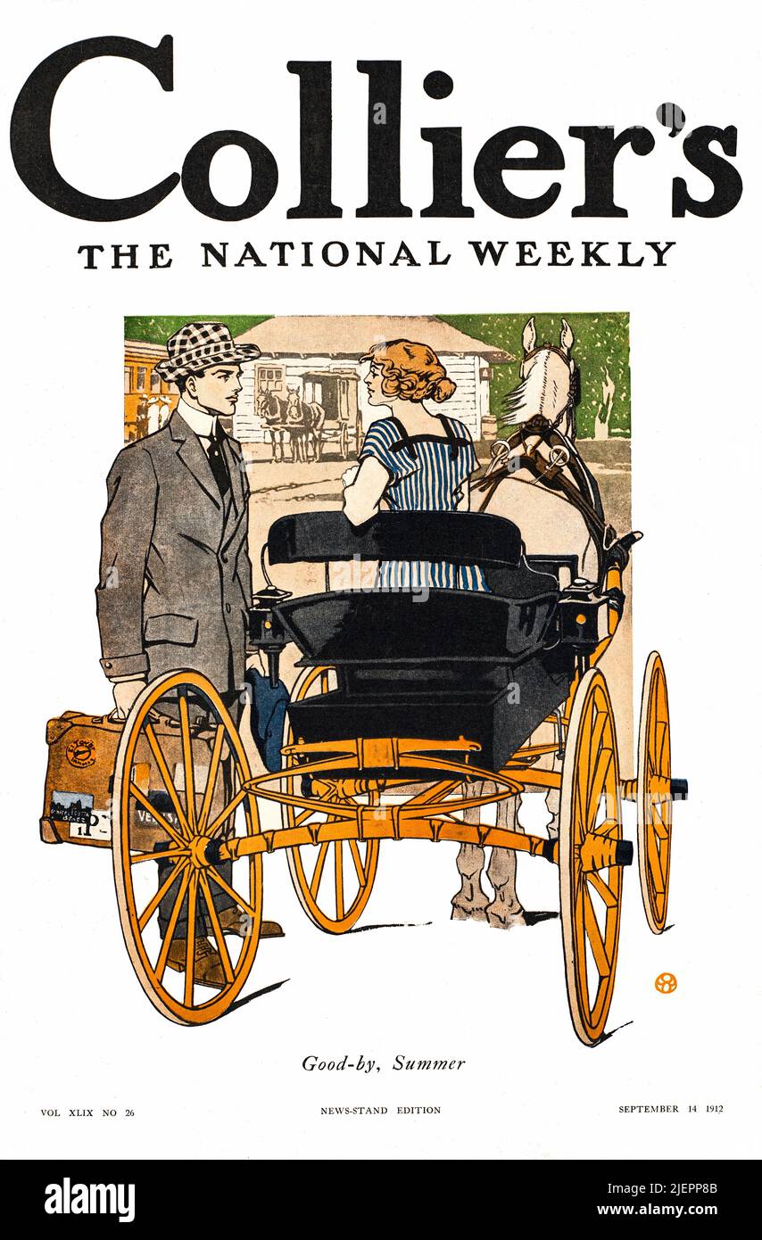 An early 20th century illustration by Edward Penfield (1866-1925) on the cover of Collier's, an American general interest magazine featuring a couple about to part at the end of their summer vacation. Stock Photo