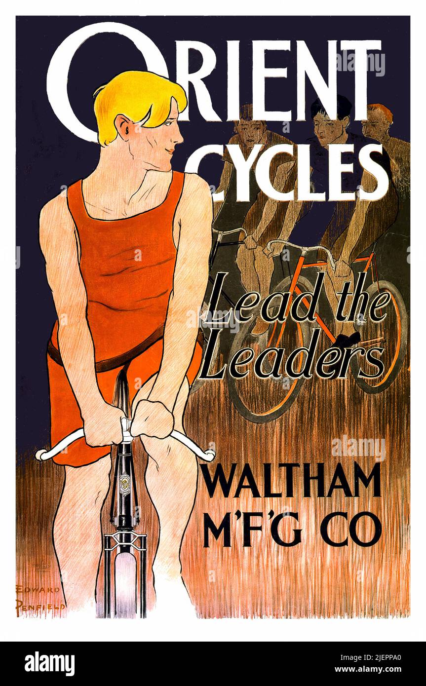 An early 20th century American advertising illustration by Edward Penfield (1866-1925) featuring a young man on his bicycle for Orient Cycles. Stock Photo