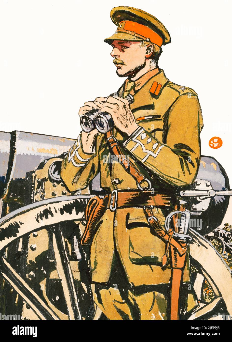 An early 20th century illustration by Edward Penfield (1866-1925) featuring an army officer with binoculars beside a cannon during the First World War. Used to illustrate a story, 'With the H E Guns' by Frederick Palmer (1873-1958), an American journalist and writer. Stock Photo