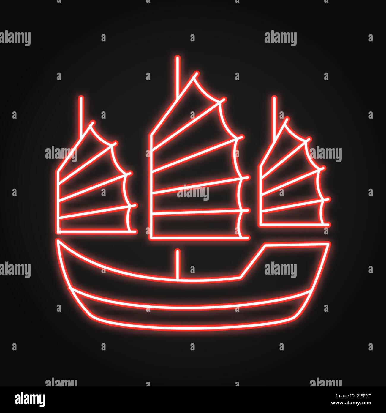 Asian junk boat neon icon in line style. Traditional sailing ship symbol. Vector illustration. Stock Vector