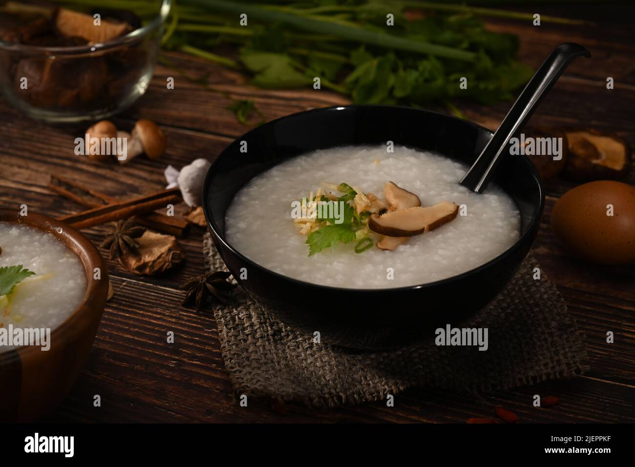 Rice porridge, rice gruel or congee with shiitake mushroom, slice