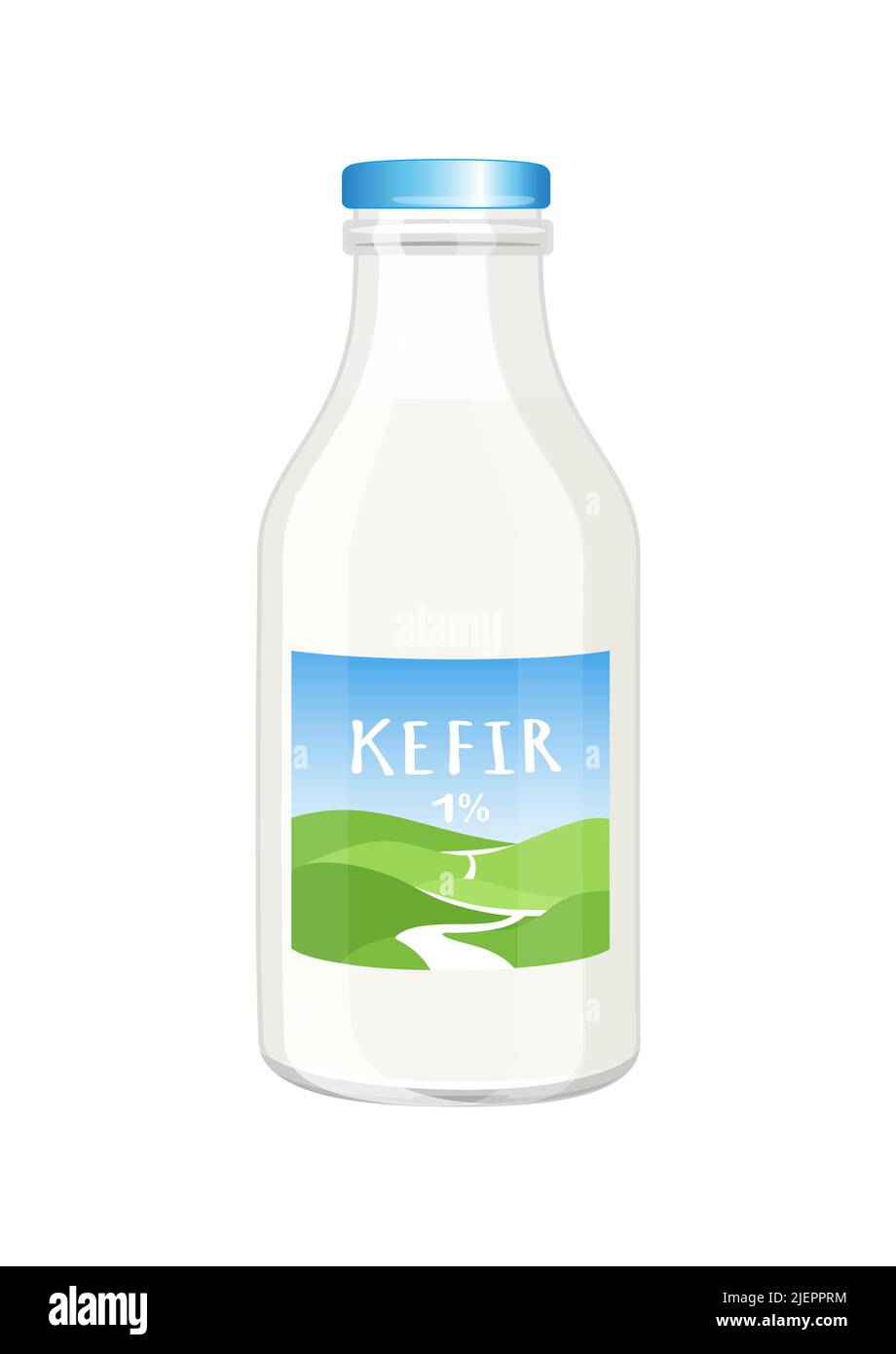Kefir, yogurt or milk glass bottle with farm label, cartoon style