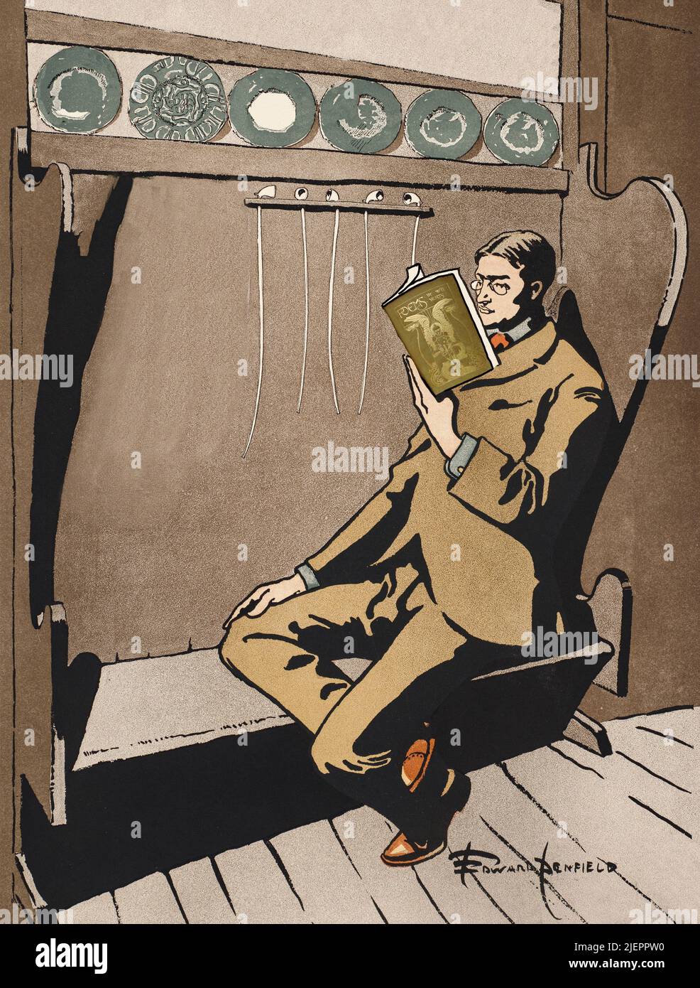 A detail from an early 20th century illustration by Edward Penfield (1866-1925), considered by many to be the father of the American poster, used on the cover of Harper’s Magazine, the oldest general-interest monthly in America. The modified image features a studious man reading a book of poems by W.B.Yeats Stock Photo