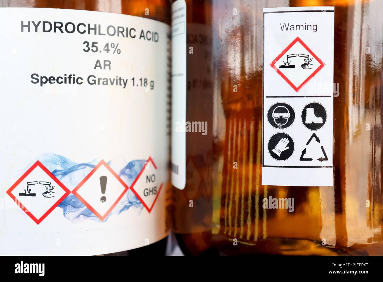 Safety symbol for using chemical, label on chemical bottle Stock Photo